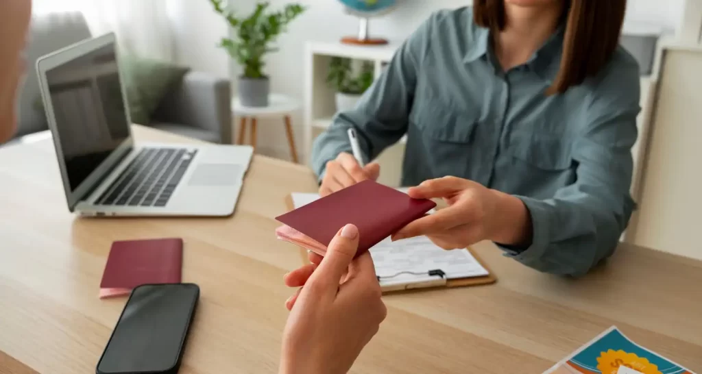 High angle woman working as a travel agent