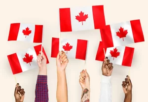 lot of hands waving canadian flag
