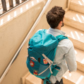 Back view traveler on stairs