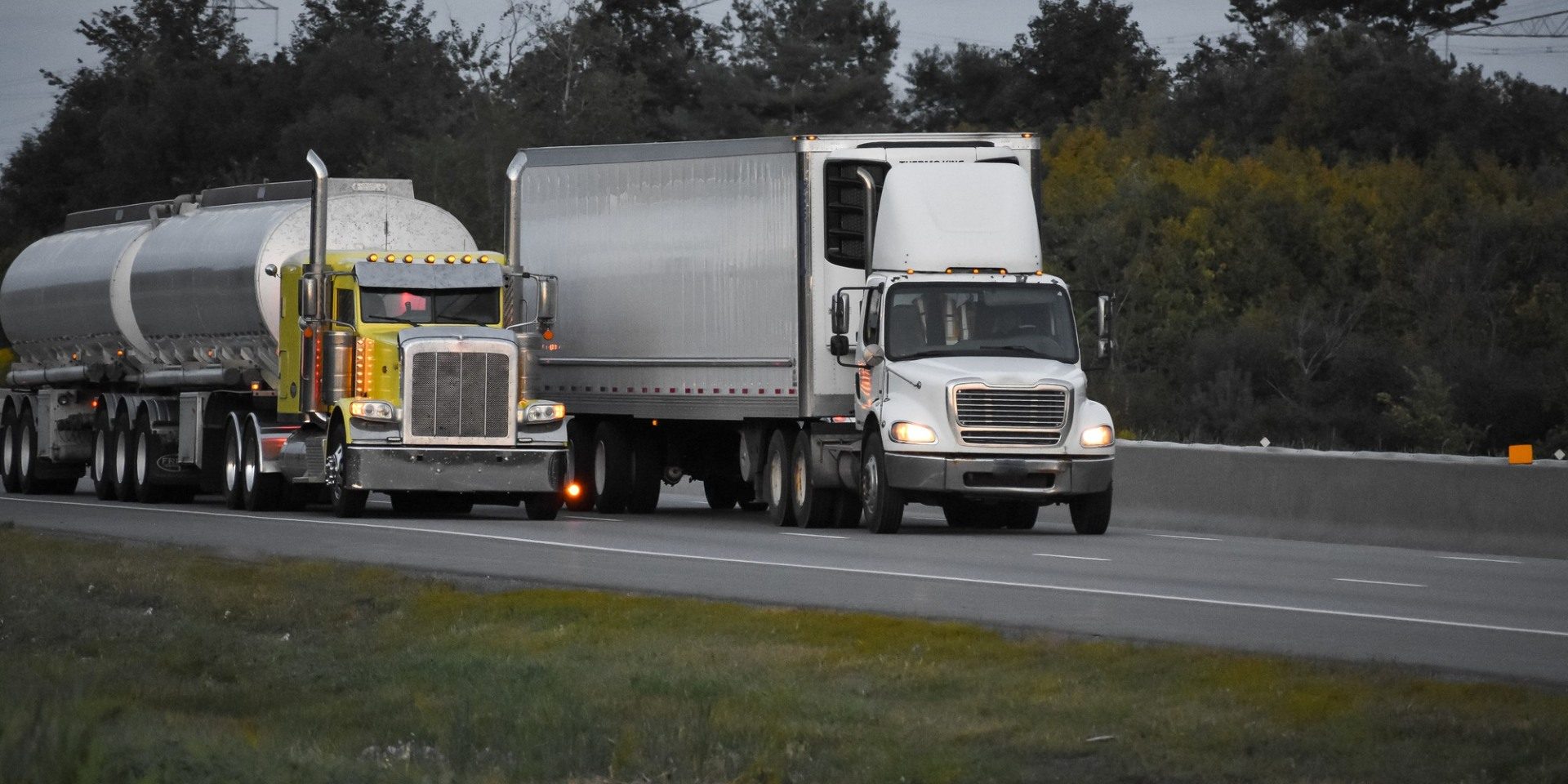 Trailer trucks driving on the road surrounded by beautiful green trees